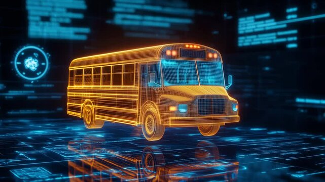 A holographic school bus with glowing lines in a digital space, showcasing futuristic design elements and technology