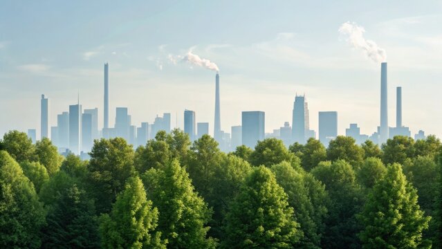 Urban skyline with smokestacks, surrounded by greenery, depicting industrial and natural elements in harmony.
