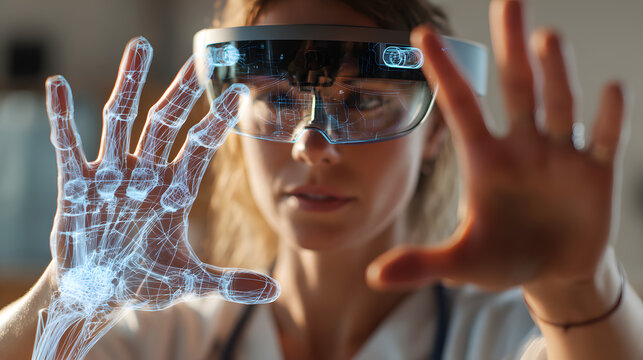 Female medical professional analyzing 3D human anatomy data through augmented reality interface.
