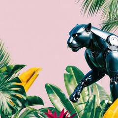 Sleek Black Robotic Panther Amidst Lush Tropical Foliage on Pink Background