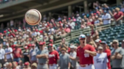 A baseball is flying through the air while excited fans cheer enthusiastically in a packed stadium during a summer game - Powered by Adobe