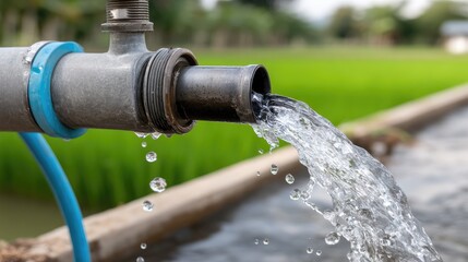 Water flows from an engine into a green rice field in Thailand, demonstrating essential irrigation techniques and agricultural practices