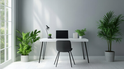 A clean and minimalist home office with a simple desk, ergonomic chair, laptop, and green indoor plants for a fresh atmosphere. —ar 16:9 