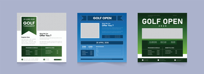 Golf tournament square social media post template. Modern annual sports event banner for Instagram or Facebook