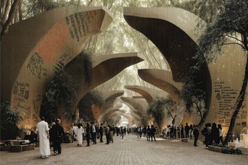 Una representación artística de un mercado nocturno en un entorno arquitectónico único,...