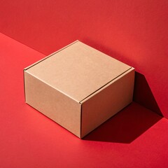 Minimal Brown Kraft Packaging Box Mockup on Red Background with Shadows Recyclable Eco-Friendly Mailer for Branding and Shipping Design