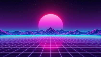 A synthwave landscape with mountains, a grid, and a pink sun in a purple and blue starry sky