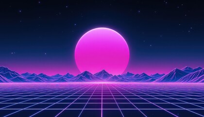 Retro landscape with grid mountains and a large pink sun in a futuristic setting with stars