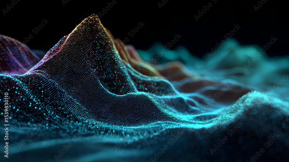 Poster abstract 3d landscape made of glowing data points, visualizing digital waves and futuristic data flo