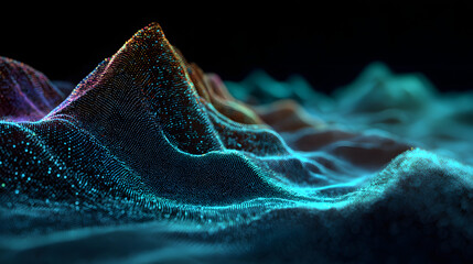 Abstract 3D landscape made of glowing data points, visualizing digital waves and futuristic data flow.