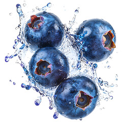 Four blueberries splashing in water isolated on white or transparent png