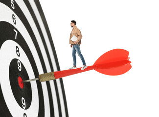 Targeting, goal achievement. Art collage with man standing on dart sticking in center of dartboard...