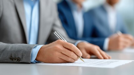 Real estate and tax deal, Two business professionals are seated and writing on documents, focusing on signing papers during a formal meeting.