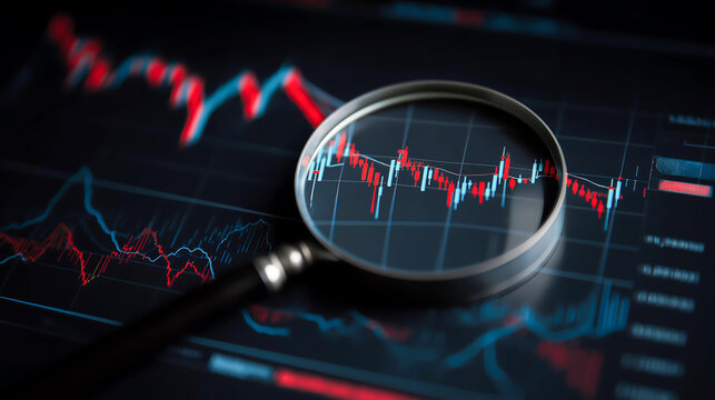 A magnifying glass on a digital monitor screen displaying dynamic stock market graphs, Magnifying glass examines financial analytics on monitors. Investment analysis report under review