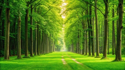 Fototapeta premium Serene tree-lined pathway with vibrant green grass under a bright, sunlit canopy.