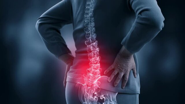 Elderly woman rubs her hip and lower back, highlighting the skeletal structure and areas of pain, providing a visual representation of age related joint and bone issues