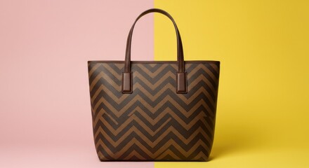 Stylish brown chevron patterned tote bag against a split pink and yellow background.