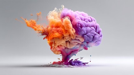 Colorful brain with orange, pink, and purple swirls. The brain is surrounded by a cloud of smoke, giving it a surreal and dreamlike appearance