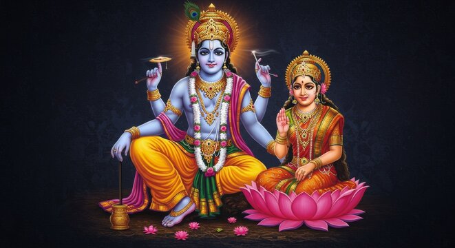 Illustration of Vishnu resting with Lakshmi nearby, spiritual aura