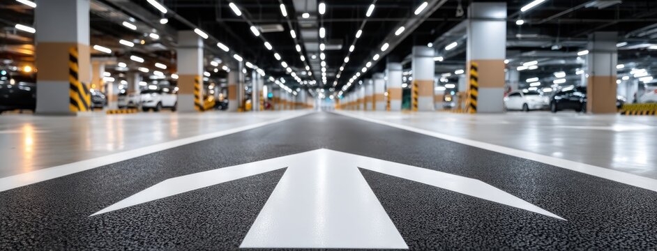 Well-lit underground parking lot features white arrow signs on a smooth floor, showcasing a clean and open environment