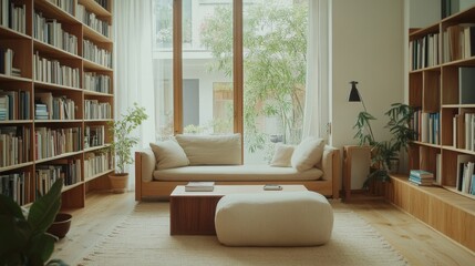 Fototapeta premium 101.A Scandinavian loft-style living room with a minimalist design, featuring a soft, neutral-colored hassock placed in front of a sleek wooden coffee table. The space is illuminated by natural light