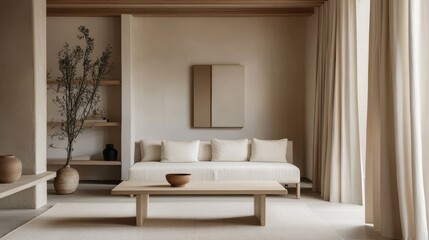 100.A Scandinavian-inspired living room designed with minimalism in mind, featuring a white sofa, light wooden coffee table, and soft, flowing curtains in a beige color. The room is spacious and