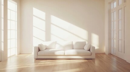 106.A modern minimalist living room interior featuring a pristine white sofa centered in the space. The room has clean lines and a spacious, uncluttered layout with light-colored wooden flooring. The