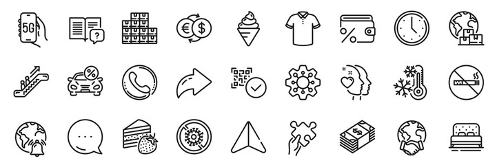 Internet notification, Bed and International delivery line icons pack. Share, Message, Paper plane icons. Escalator, Ice cream, Time web icon. Puzzle, Money exchange, Car leasing pictogram. Vector