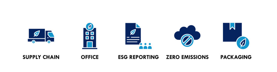 Net Zero Business banner web icon vector illustration concept with icon of supply chain, office, esg reporting, zero emissions, and packaging