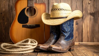Country music with boots, guitar, and rope.