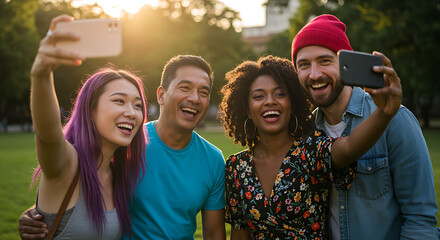 A diverse group of friends laughing and taking a selfie together in a sunny park, representing unity and joy on International Friendship Day, with warm lighting and casual outfits.