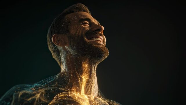 Medical visualization presenting glowing energy particles streaming through human body, revealing interconnected wellness, biological vitality, and inner healing potential