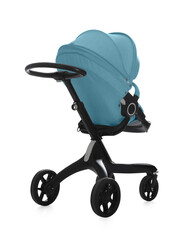 Baby carriage. Modern pram with light blue canopy isolated on white