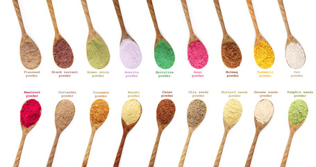 Superfoods. Different powders in spoons and names on white background, set. Top view