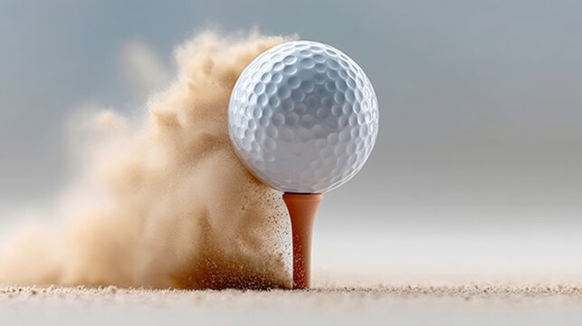 White golf ball is in the air, surrounded by a cloud of sand. Concept of motion and excitement, as the ball is in the process of being hit by a golf club