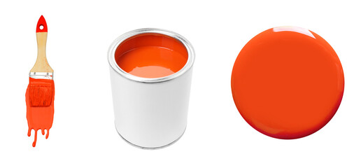 Orange paint. Collage with can, drop and brush on white background