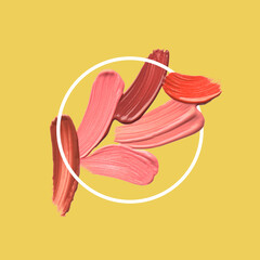 Different shades of liquid lipstick and frame on golden background. Color palette of makeup product