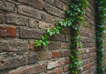 Textured Brick Wall with Lush Green Vines Natural Light and Focus.