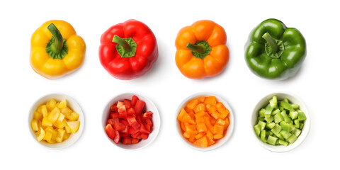 Whole and sliced fresh bell peppers isolated on white, collage. Top view