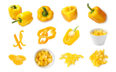 Sliced and whole yellow bell peppers on white background, collage