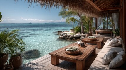 Tropical Beachfront Deck with Wooden Furniture