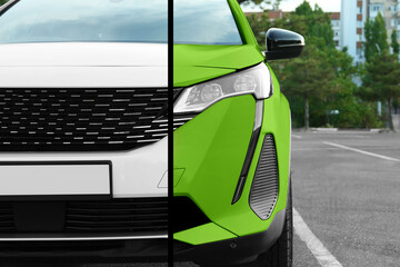 Modern white auto before and green after painting outdoors, closeup. Comparative collage of car...