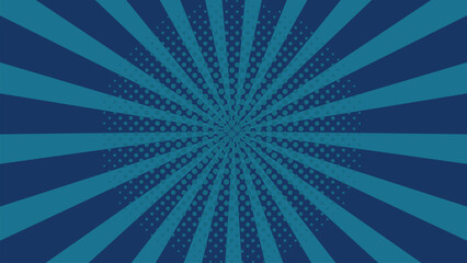 Blue Halftone Sunburst Background. Retro Comic Style Pop Art Rays Pattern. Vintage Radial Stripes Abstract Texture for Poster, Banner, Cover, Pop Culture or Dynamic Graphic Design