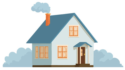 A digital illustration depicting a small, single-story house with a blue roof and white walls. The house features multiple windows with orange frames, a brown door, and a visible chimney emitting