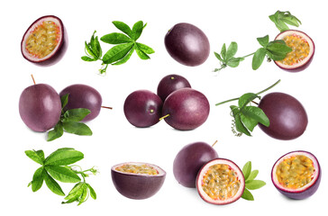 Passion fruits and green leaves isolated on white, set