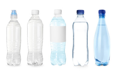 Plastic bottles with water on white background, set