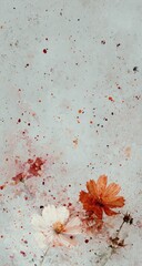 Dried cosmos flowers on a textured, speckled background in muted orange and white tones, creating a minimalist, botanical aesthetic
