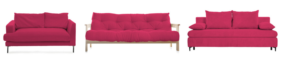 Different crimson sofas isolated on white. Furniture for living room interior