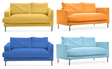 Sofa in different colors isolated on white, set. Furniture for living room interior