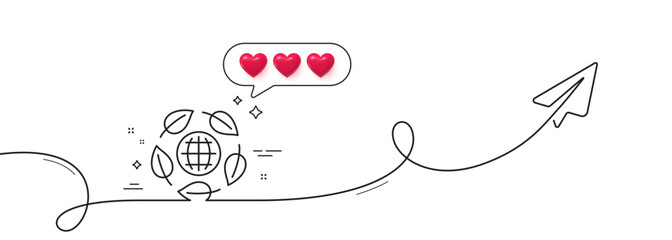 Eco organic line icon. Continuous line with share plane. Bio cosmetics sign. Fair trade symbol. Hearts rate review in speech bubble. Eco organic single line ribbon. Loop curve pattern. Vector